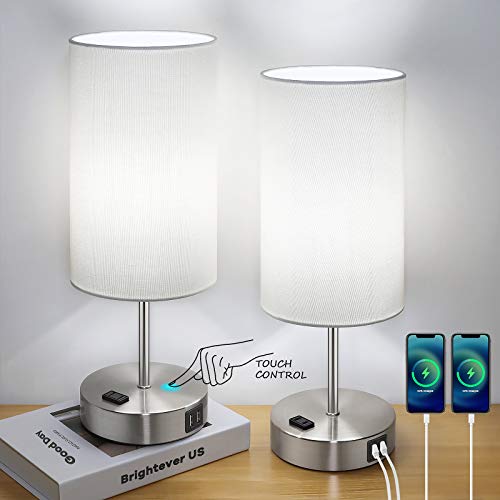 Set of 2 Touch Control Table Lamps with 2 USB Charging Ports&AC Outlet, 3-Way Dimmable Bedside Nightstand Lamps with White Fabric Lampshade for Reading, Bedroom, Living Room, A19 LED Bulbs Included - color: White