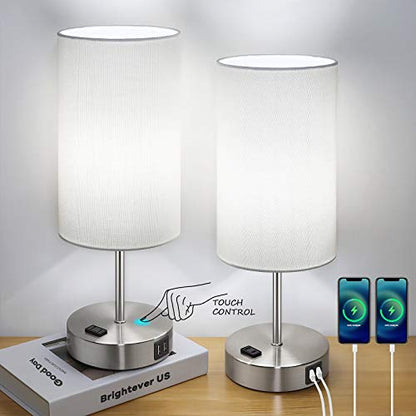 Set of 2 Touch Control Table Lamps with 2 USB Charging Ports&AC Outlet, 3-Way Dimmable Bedside Nightstand Lamps with White Fabric Lampshade for Reading, Bedroom, Living Room, A19 LED Bulbs Included - color: White