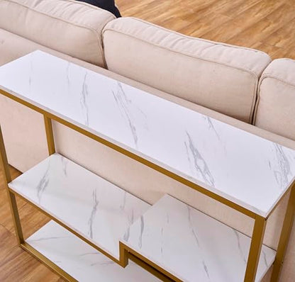 loglus Console Table for Entryway, Faux Marble MDF Sofa Table with Golden Frame, White Marble, 9.45" D x 38.18" W x 31.22" H - color: White Marble, style: Multilayer