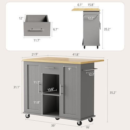 Shintenchi Kitchen Island with Storage, Bar Cart Cabinet Island Table on Wheels, Rolling Microwave Cart for Kitchen with Drop Leaf, Drawers, Towel Rack, Seating Area for Dining Room, Gray - color: Gray-42 Inch