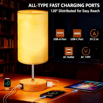 HiBay 2-Set Touch Dimmable Table Lamps with Charging Station, Wood-Grain | Touch control, 3-way dimming, USB-A USB-C & AC outlet, farmhouse wood-grain adds cozy warmth, set of 2 for two nightstands. - color: Wood Grain, size: Set of 2