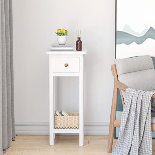 Narrow End Table, Tall Nightstand with Drawer & Shelf, Small Bedside Table w/Anti-Tipping Device, No Assembly, White - color: White