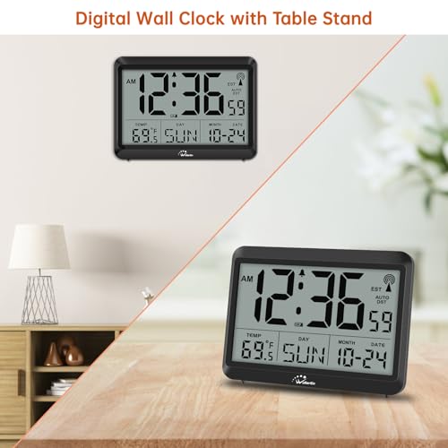 Self-Setting Atomic Digital Wall Clock with Auto DST | Battery Operated, Large Display with Temperature, Date and Day, 4 Time Zones, Wall Mount/Desktop Clock for Classroom, Office - size: Medium