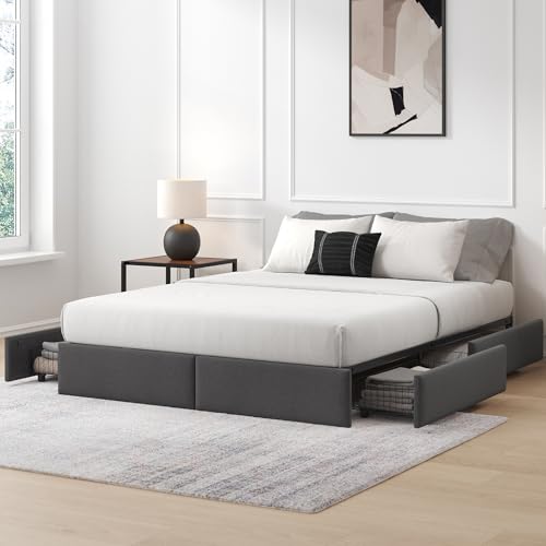 Zinus Maya Platform Bed Frame, Four Underbed Storage Drawers, Queen | Secure Locking Drawers, Modern Upholstered Look, Minimalist Design, Straightforward Assembly, No Box Spring Needed - color: Grey, size: Queen, style: Underbed Storage Drawers