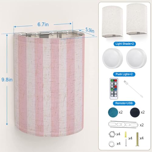 Wall Sconces Set of Two Battery Operated Pink Pattern Cute Wireless Plug in Wall Lights Fixtures Remote Dimmable for Bedroom Living Room Hallway