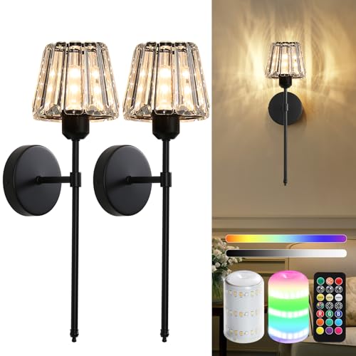 Battery Operated Crystal Wall Sconce Set of 2, Black Rechargeable Wireless Wall Sconces with Remote Dimmable 12 Colors Modes Led Wall Lights, Wall Lamp for Bedroom Living Room Hallway 2 Bulbs Included - color: Black