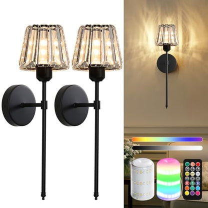 Battery Operated Crystal Wall Sconce Set of 2, Black Rechargeable Wireless Wall Sconces with Remote Dimmable 12 Colors Modes Led Wall Lights, Wall Lamp for Bedroom Living Room Hallway 2 Bulbs Included - color: Black