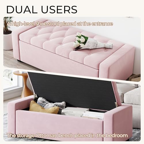 Storage Ottoman Bench,Large Entryway Ottoman with Storage, Rectangular Bench with Cushion and Safety Hinge for Living Room Bedroom - color: Pink