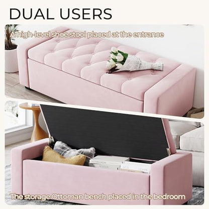 Storage Ottoman Bench,Large Entryway Ottoman with Storage, Rectangular Bench with Cushion and Safety Hinge for Living Room Bedroom - color: Pink
