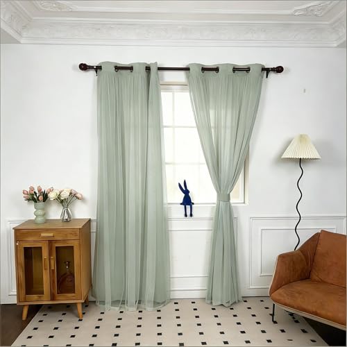 INLINAS Blackout Curtains with Sheer Overlay, Mint, 37x72 Inches | Grommet Top Double Layer Curtains for Bedroom and Living Room Thermal Reduction Light Blocking and Energy Saving, Set of 2 - color: Mint, size: 37"W x 72"L (Pack of 2)