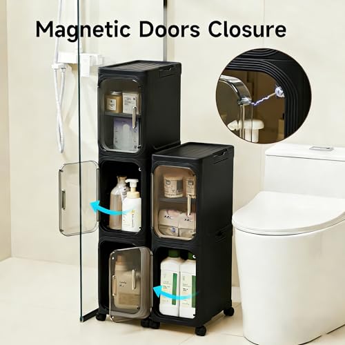 UFORU Tall Narrow Storage Cabinet,Slim Organizer with Magnetic Doors&Wheels | 3 Tiers, Smooth-Rolling Wheels, Durable Waterproof Plastic, Adjustable Shelves, Space-Saving Design for Small Spaces - color: Black, size: 3 tier