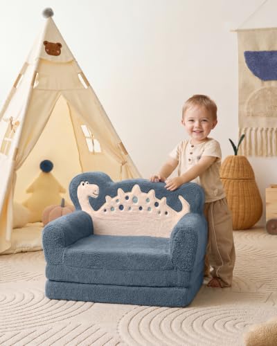 Blissful Diary Kids Couch, 2-in-1 Soft Fold Out Kids Couch, Kids Sofa Chair, Comfy Kids Furniture for Playroom, Reading & Play, Blue Dinosaur - color: Dinosaur Blue