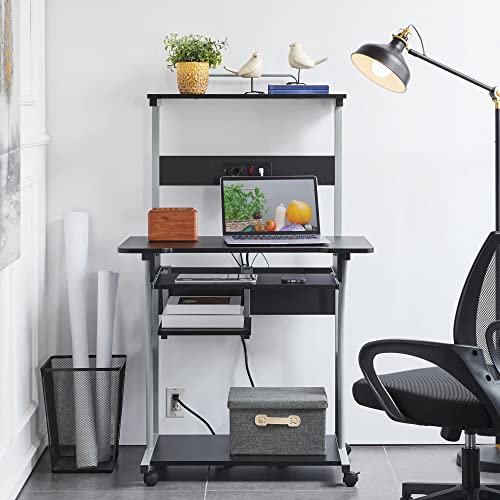 Yaheetech Small 3-Tier Rolling Computer Desk, Power Outlet, Black | Engineered wood tiers and metal frame suit small spaces, holding a monitor, printer, and keyboard tray by a built-in outlet. - color: Black