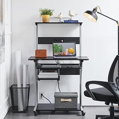 Yaheetech Small 3-Tier Rolling Computer Desk, Power Outlet, Black | Engineered wood tiers and metal frame suit small spaces, holding a monitor, printer, and keyboard tray by a built-in outlet. - color: Black