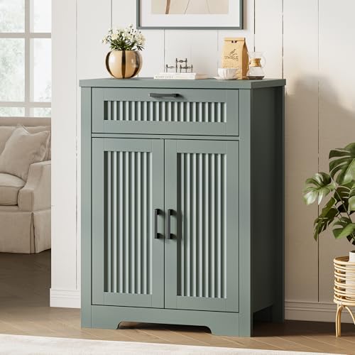 Fluted Buffet Sideboard Cabinet with Storage, Buffet Table with Drawer | Modern Buffet Table with Drawer & Doors, Wood Coffee Bar Console Table with Adjustable Shelf for Kitchen, Dining Room, Green - color: Green, size: 2 Doors & Drawer