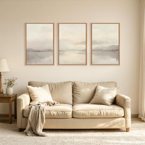 LHIUEM Large Abstract Neutral Beige Pastel Framed Canvas Wall Art-16"x24"x3 | Modern Watercolor Lakes Wall Decor,Nature Mountain Minimalist Artwork for Living Room,Bedroom,Dining Room,Office - color: Abstract Neutral Beige Pastel Wall Art, size: 24"L x 16