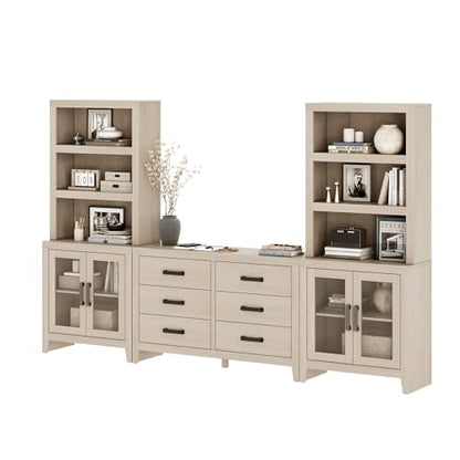 WAMPAT Farmhouse Entertainment Center with Bookshelves, TV Stand Set with Glass Doors & 6 Drawers, Wood Media Console for Living Room, Bedroom, Beige - color: Beige