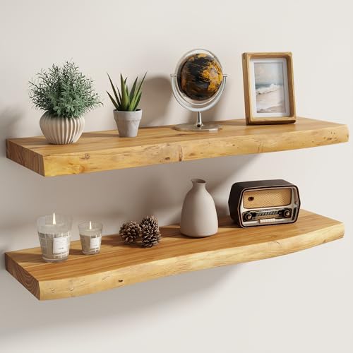 Fun Memories Solid Elm Wood Live Edge Floating Shelves for Wall, 30 x 8 Inch Rustic Wall Shelves Set of 2 with Invisible Brackets for Living Room Bedroom Kitchen, Natural - color: Natural Finish, size: 30", 2-Pack