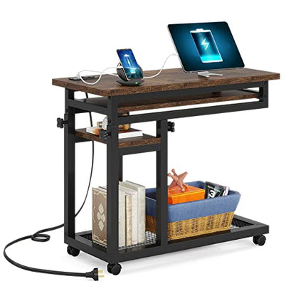 Tribesigns Small Portable Desk with Power Outlet, Height Adjustable Sofa Couch Bedside Laptop Table with Wheels, Mobile Standing Desk Rolling Computer Cart C Side Table with USB Ports - color: Brown