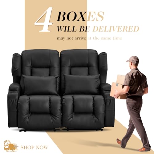 Loveseat Recliner Sofa,RV Wall Hugger Recliners for Small Spaces,Reclining Loveseat Sofa Recliner with Cup Holders/Lumbar Pillows,RV Furniture (Black, 56" 2-Seater) - color: Black, size: 56" 2-Seater