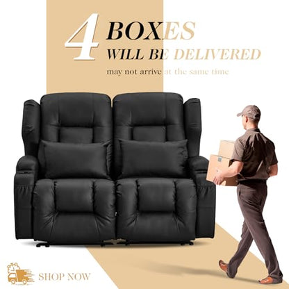 Loveseat Recliner Sofa,RV Wall Hugger Recliners for Small Spaces,Reclining Loveseat Sofa Recliner with Cup Holders/Lumbar Pillows,RV Furniture (Black, 56" 2-Seater) - color: Black, size: 56" 2-Seater