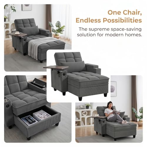 Convertible Sleeper Chair, Pull Out Sofa Bed with Adjustable Backrest & Hidden Storage Armrest, Single Sofa Recliner with USB Charging Port & Cup Holders for Living Room, Bedroom, Dark Gray - color: C-dark Gray-eb
