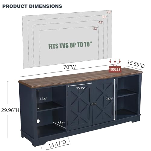 LIVILAND 70 Inch Navy TV Stand, Farmhouse Rustic Media Console with Storage | Large Entertainment Center with Ample Storage, Adjustable Shelves & 6 Cable Holes for Living Room & Bedroom - color: Navy