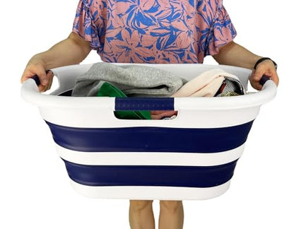 SAMMART 40L (10.5 gallon) Collapsible Plastic Laundry Hamper - Foldable Pop Up Storage Container/Organizer - Portable Washing Tub - Space Saving Basket (1, White/Starry Blue) - color: White/Starry Blue