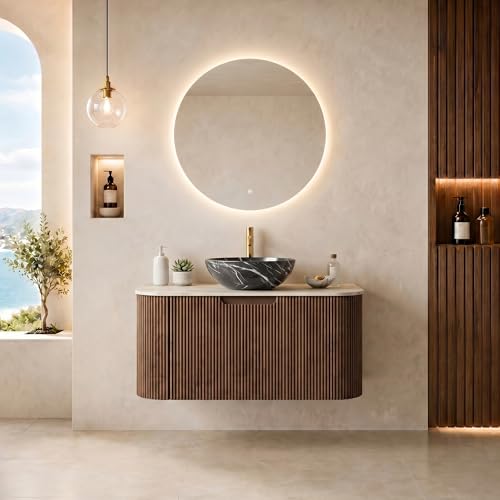 30” Floating Bathroom Vanity with Sink, Fluted Wall-Mounted Solid Wood Cabinet, Black Marble-Patterned Bowl Basin, Faux Marble Top, Soft-Close Drawer, Pre-Assembled, Walnut Woodgrain - color: 05 - Walnut Woodgrain, size: 30"
