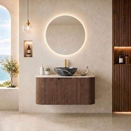 30” Floating Bathroom Vanity with Sink, Fluted Wall-Mounted Solid Wood Cabinet, Black Marble-Patterned Bowl Basin, Faux Marble Top, Soft-Close Drawer, Pre-Assembled, Walnut Woodgrain - color: 05 - Walnut Woodgrain, size: 30"