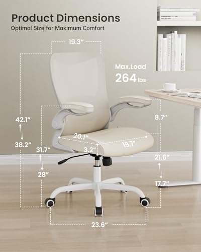 Office Chair, PU Leather Ergonomic Desk Chair with Adjustable Lumbar Support and Flip up Armrest, Breathable Mesh Computer Chair for Home Office, Khaki - color: Cream Khaki (Pu Leather Seat)