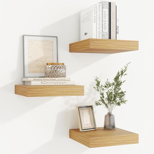 fuqing Floating Shelves for Wall, Wall Mounted Wood Floating Shelf with Invisible Brackets for Living Room, Bathroom, Bedroom, Kitchen Storage and Decor,6.5 Inch Set of 3, Oak - color: Oak, size: 6.5"W x 6.5"D , 3 Pack