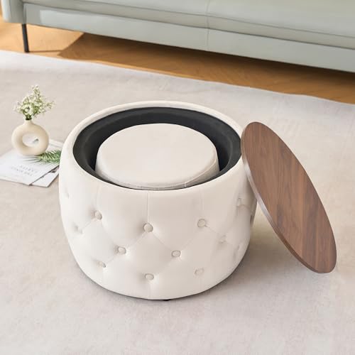 23" Velvet-Upholstered Accent Side Table, Modern Nesting Side Tables with Hidden Storage, Space-Saving Nesting Coffee Table Set with Wood Tray for Living Spaces, Beige - color: Beige