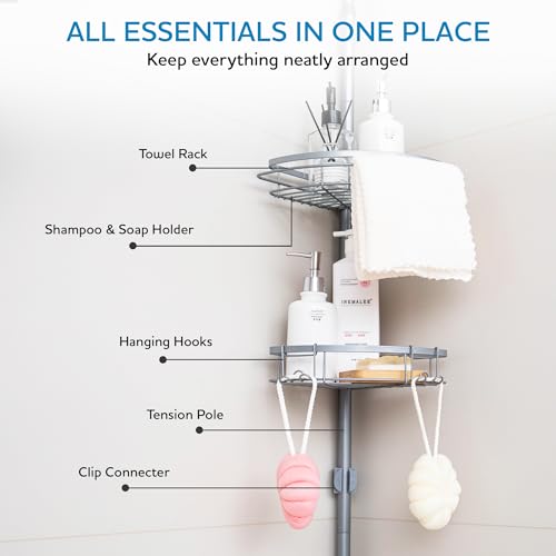 Rustproof Stainless Steel Shower Caddy Corner Organizer - Adjustable 29.5-108" Tension Pole with 4 Shelves, Non-Slip Base, Heavy-Duty Rust-Resistant Design, Includes 2 Hooks