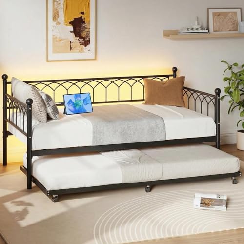 IDEALHOUSE Twin Daybed with Trundle, Day Bed with Charging Station and LED Lights, Heavy Duty Metal Bed Frame, Metal Sofa Bed Frame with Steel Slat Support for Living Room, Bedroom, Apartment, Black | Charging Station, LED Lights, Pull-Out Trundle, Space-
