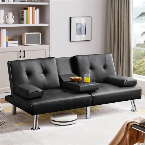 Yaheetech Convertible Futon Sofa Bed Loveseat with Cup Holder, Black | 3 Angles Sofa, Recliner Chair, Bed, Compact Faux Leather Love Seat for Living Room, Kids Guest Room, Dorm, Small Apartment - color: Black