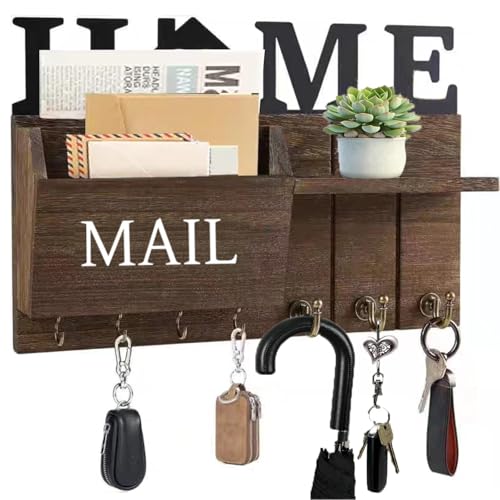 Rustic Wall Key Holder with Shelf & Hooks - Mail Organizer for Entryway | Wooden Key Rack for Keys, Coats, Dog Leash - Brown - color: Brown
