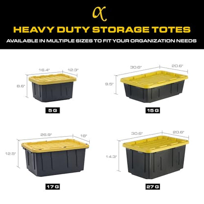 CX Heavy Duty 27-Gallon Stackable Plastic Storage Bins with Lids, 4 Pack | Storage totes for garage organization, Stackable containers, weather-resistant, snap lid, 14.3H x 20.6W x 30.6D, Black/Yellow - size: 27 Gallon