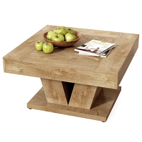LITTLE TREE Square Coffee Table, Modern Rustic Coffee Table for Living Room, Wooden Table with Adjustable Feet, Oak - color: Oak