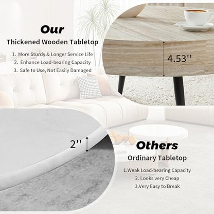 Round Coffee Table, Mid Century Small Coffee Table with Metal Legs, Wood Coffee Table Accent Center Table for Living Room Apartment Small Space (31.5''D-Stone Travertine Pattern) - color: Stone Travertine