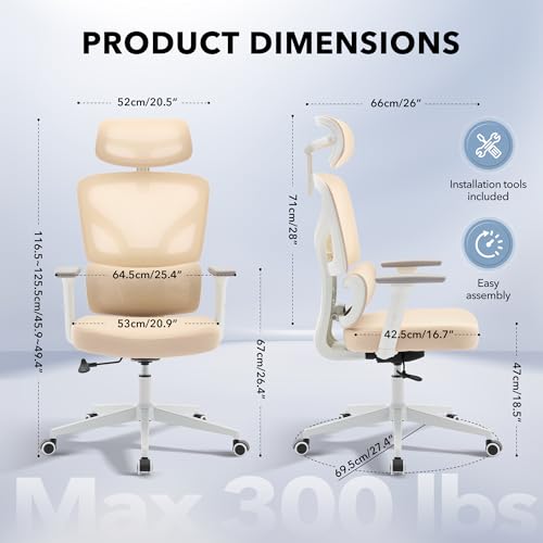 Ergonomic Office Chair Mesh – Adjustable Lumbar 3D Armrests High-Back Desk | Breathable Mesh Backrest; Seat Height & Tilt-Angle Adjustment; Smooth-Rolling Casters; Easy To Assembly, For Home, Office - color: Beige-p1