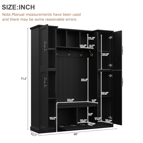 JIVOIT Farmhouse Hall Tree with 4 Side Cabinets, Adjustable Shelves & Open Cubbies, All-in-One Mudroom Furniture, Beadboard Entryway Bench with Coat Rack & 5 Hooks for Hallway (Black,152) - color: Black,152