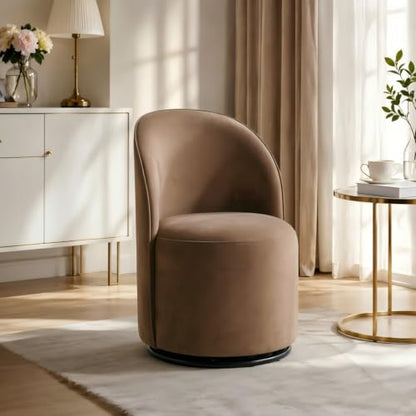 KEIKI Swivel Barrel Dining Chair, Velvet Upholstered Vanity Chair, Brown | Mid Century Modern Style, Round Armless Design, Curved Back Support, Small Space Seating, Dining, Vanity Or Accent Use - color: Brown