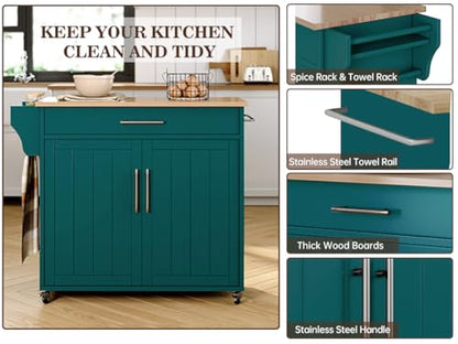 Kitchen Storage Island, Wooden Rolling Kitchen Island On Wheels with Countertop, Mobile Kitchen Island Cart with Towel Rack, Spice Rack and Drawers, Green - color: Green