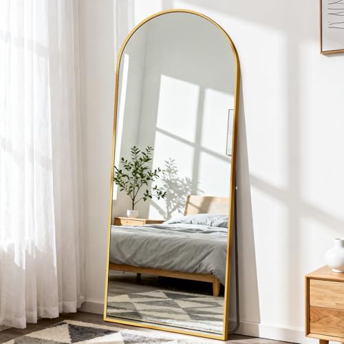 DUMOS 64"x21" Arched Full Length Mirror with Stand, Full Body Floor Mirror | Free Standing or Wall Mount, Nano Glass Aluminum Frame, Hanging or Leaning, Modern Simple Home Decor, Gold - color: Gold-arched, size: 64"L x 21"W