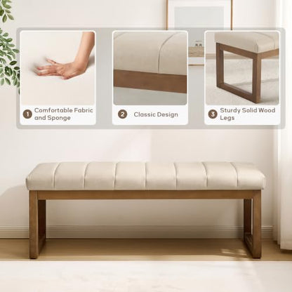 52.7" Bedroom Bench for End of Bed, Faux Leather Entryway Bench (Cream-PU) | Modern Upholstered Dining Bench & Footrest Stool Bench with Solid Wood Frame for Bedroom, Living Room - color: Cream-pu