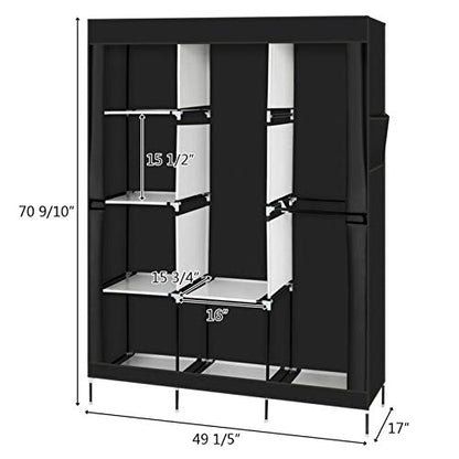 Portable Closet with Cover and Shelves 71" Freestanding Wardrobe Clothes Rack Storage Organizer Heavy Duty Steel Frame Garment Rack for Bedroom Dorm Apartment Black