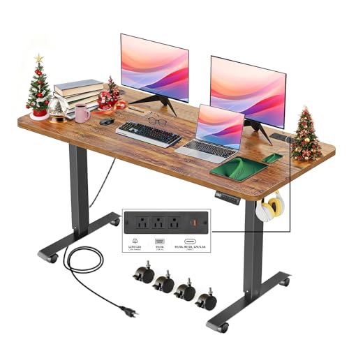 Electric Adjustable Height Standing Desk, 48×24 Inches Sit Stand Desk with Power Socket, 2 USB Ports, 3 Power Outlets, 4 Wheels,4 Memory Buttons Home Office Computer Workstations (Brown) - color: Brown, size: 48 x 24''