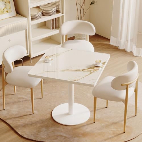 31.5'' Tulip Table, Square Dining Table with Glossy Sintered Stone Tabletop | White Aluminum Alloy Edge & Pedestal, Small Bistro Table for Dining Room/Café/Small Spaces/Restaurant (Calacatta Gold) - color: Calacatta Gold (White Edge), size: Square