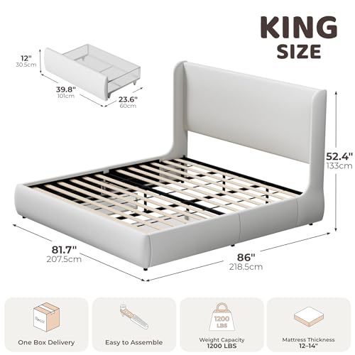 RECCI King Upholstered Wingback Bed Frame with Storage Drawers | 52” Tall Cushioned Headboard, Soft Edges, Low Profile Platform Bed, Sturdy Wood Slats, No Box Spring Needed